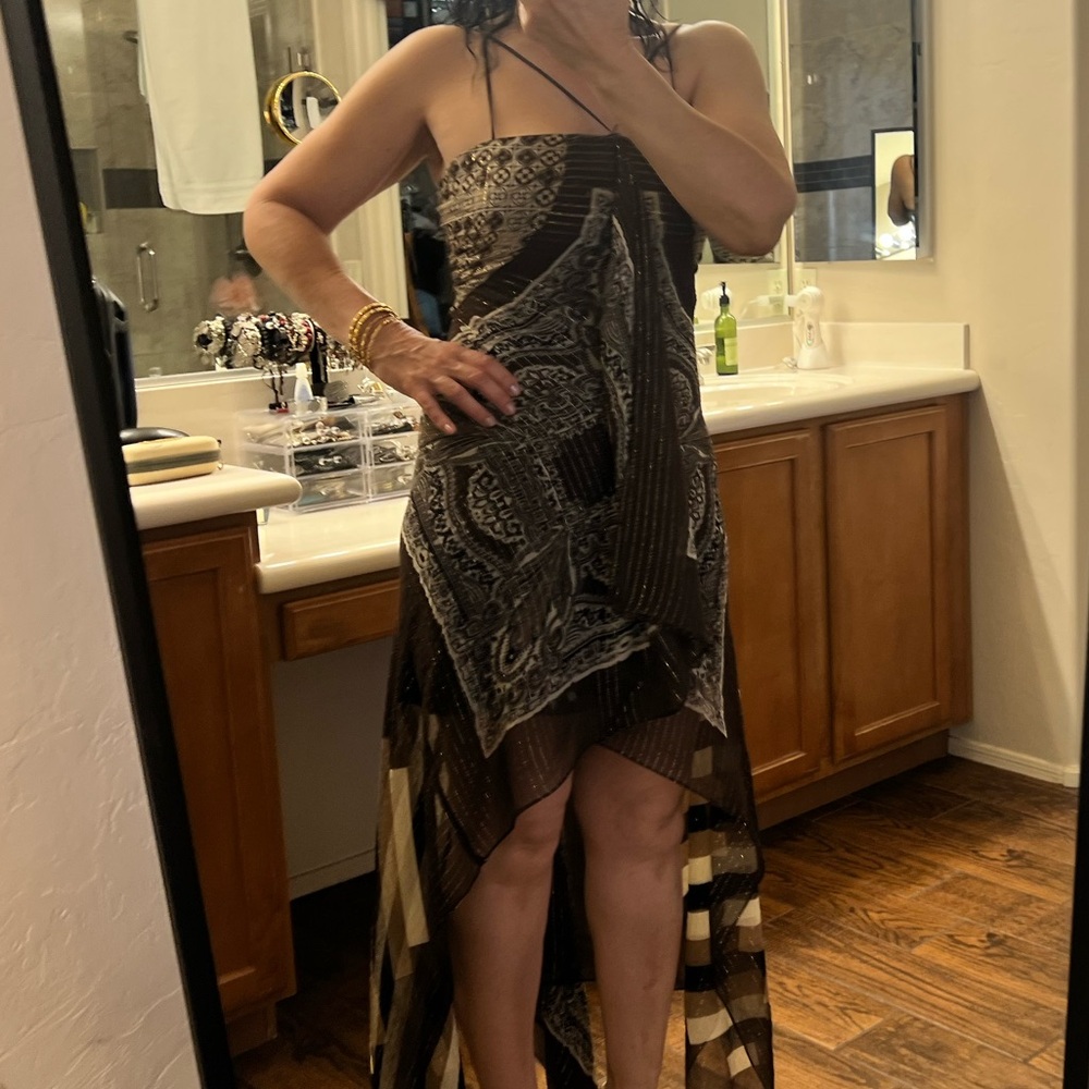BCBGMaxAzria Black Silver Asymmetrical Strapless Dress